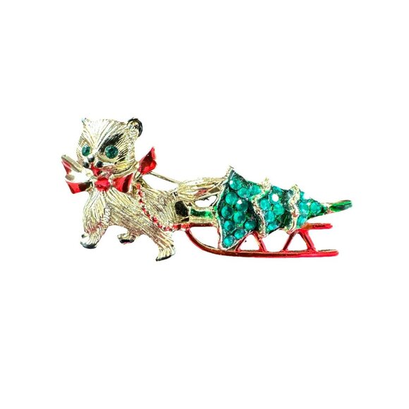 Beatrix Cat Pulling Christmas Tree on Sleigh Enamel Gold Tone Pin Brooch - Picture 2 of 3